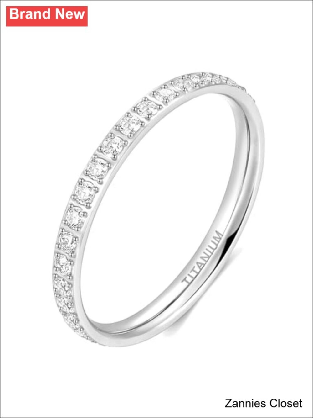 💍 Titanium Eternity Band 2mm Cubic Zirconia Wedding Ring Classic Stackable